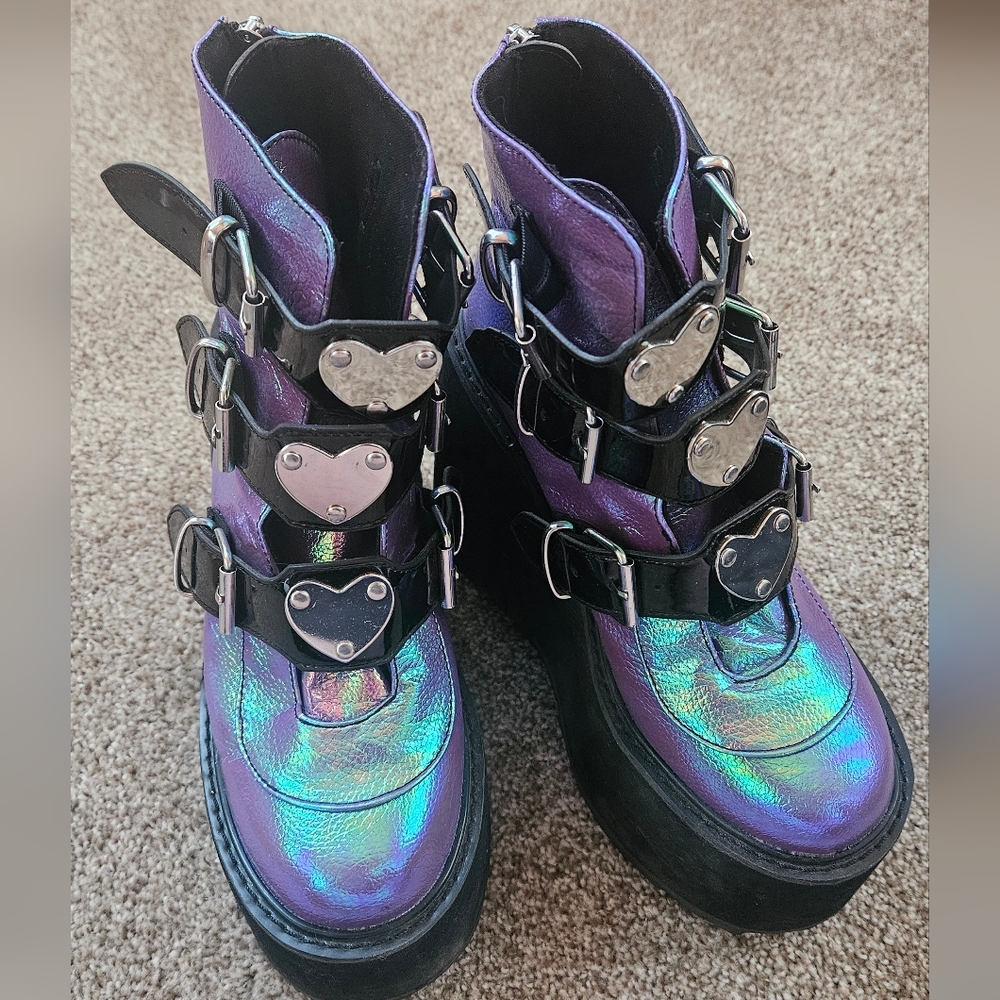 Demonia Iridescent Purple Platform Boots with Silver Heart Buckles